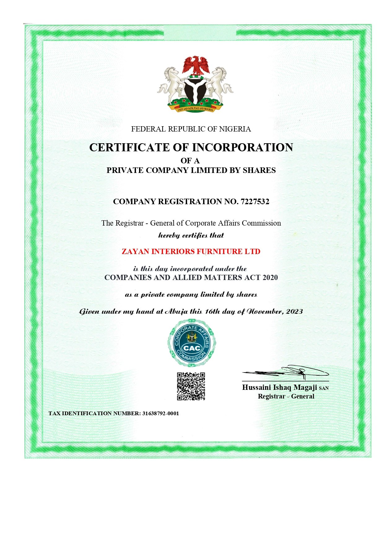 CAC Registration Certificate